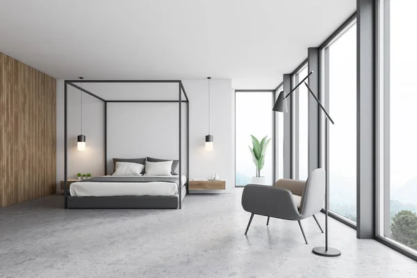 Interior kamar tidur putih dan kayu dengan kursi — Stok Foto