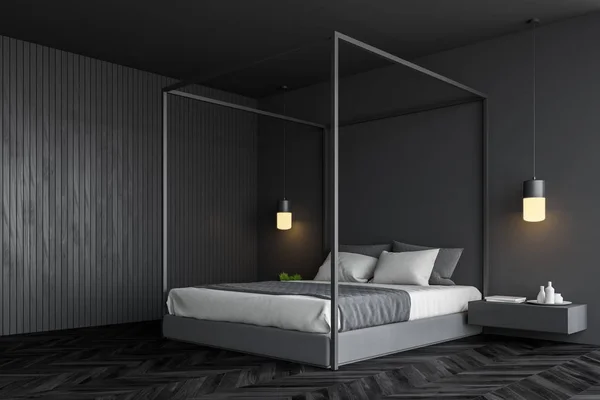 Kącik szarej i drewnianej sypialni — Zdjęcie stockowe