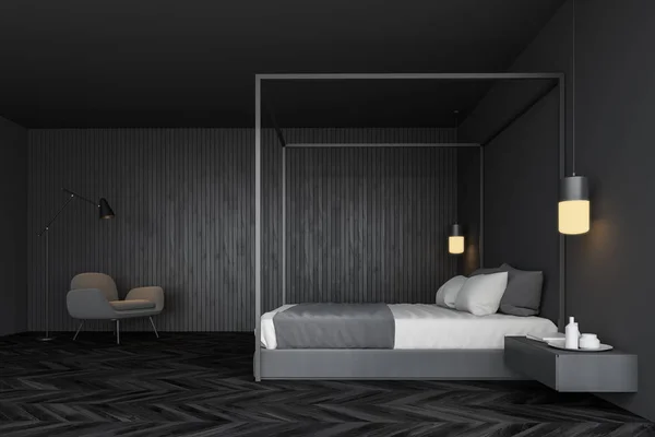 Gri ve ahşap ana yatak odasıyan görünümü — Stok fotoğraf