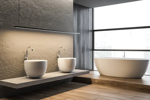Angolo bagno in cemento, doppio lavabo e vasca — Foto Stock