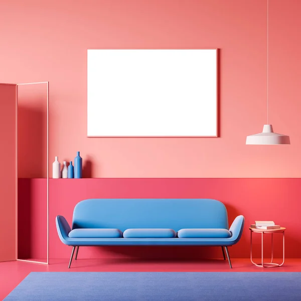 Czerwony pokój dzienny z kanapą i plakatem — Zdjęcie stockowe
