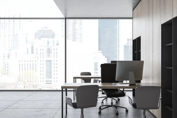 Panoramic wooden open space office interior — Stock Photo, Image