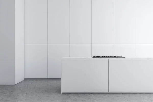 Dapur putih minimalis dengan meja — Stok Foto