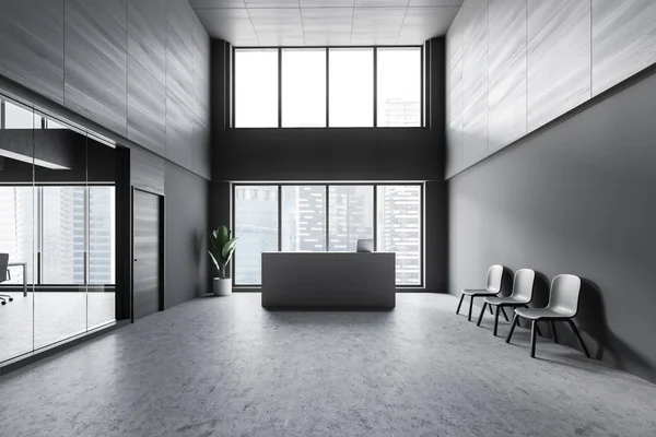 Стіл прийому в сірому відкритому просторі офісний інтер'єр — стокове фото