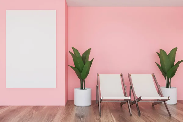 분홍색 거실 인테리어, 배너 및 의자 — 스톡 사진