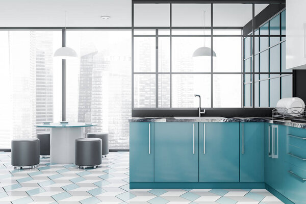 Panoramic blue kitchen interior with table