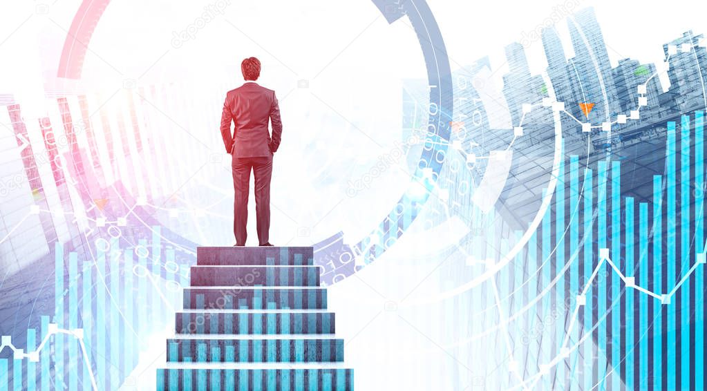 Businessman on stairs in city, graphs and HUD
