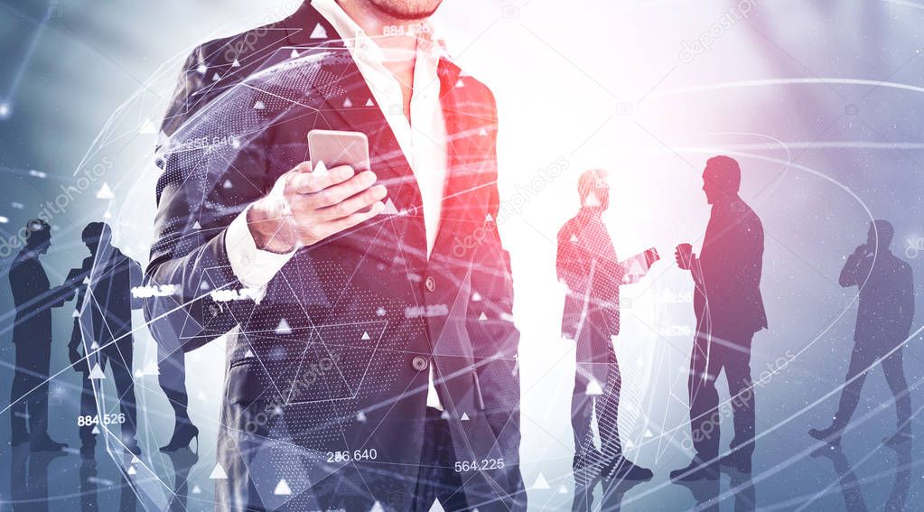 Man with phone and team in city, digital network