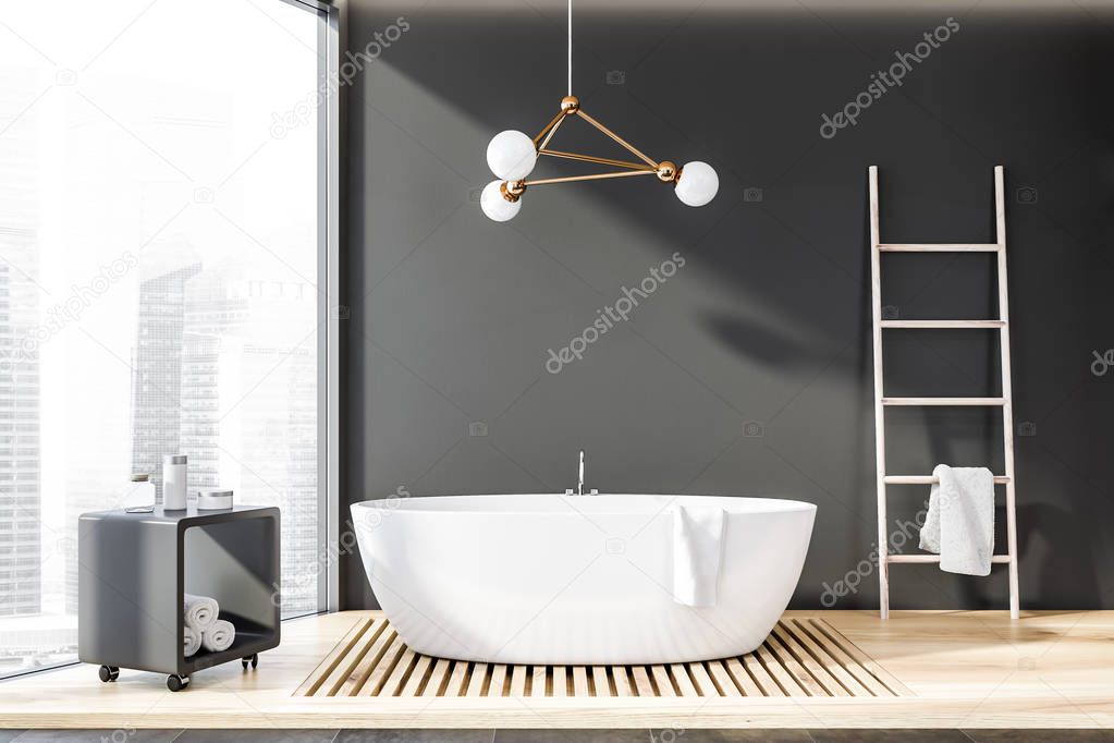 Gray panoramic bathroom with tub and ladder