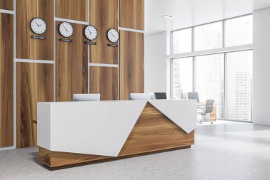 Modern ofis saatleri ile ahşap resepsiyon