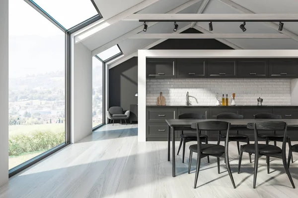 Black Scandinavian kitchen, table and armchair