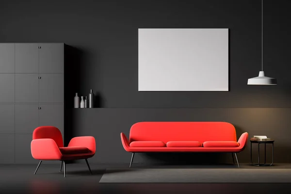 Poster ile siyah oturma odası iç — Stok fotoğraf