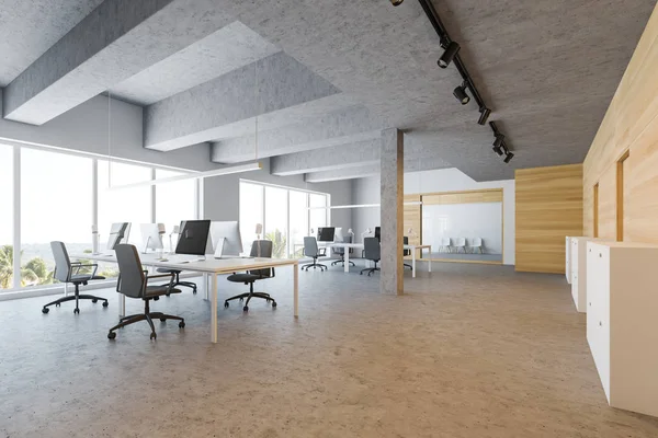 Ufficio open space in legno e bianco con lounge — Foto Stock