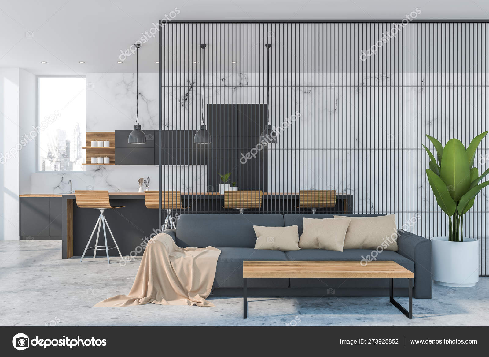 White Marble Living Room And Kitchen Interior Stock Photo