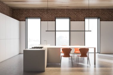 Ada ve masa ile beyaz Loft mutfak