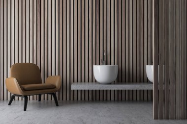 Açık ahşap banyo, çift lavabo ve koltuk