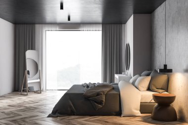 Aynalar ile beyaz ve beton yatak odası