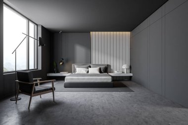 Koltuk ile gri ve ahşap yatak odası iç