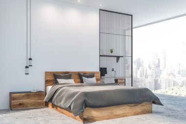 Beyaz panoramik yatak odası ve ev ofis köşesi