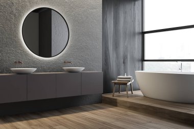 Beton banyo köşesi, çift lavabo ve küvet