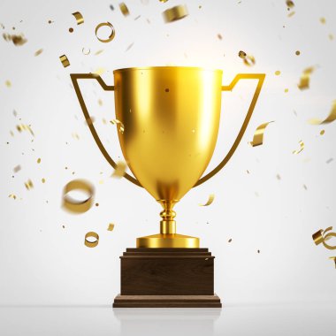 Altın şampiyon kupa ve konfeti beyaz