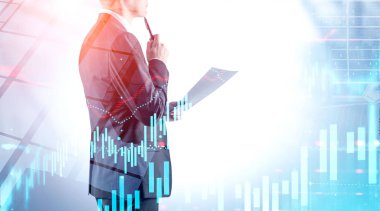 Şehirde belgeleri olan düşünceli adam, grafik