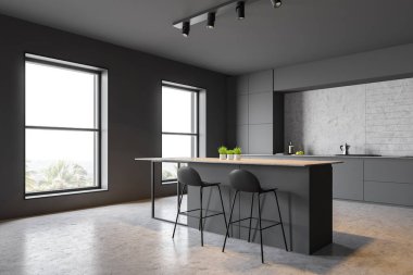 Bar ile gri mutfak köşesi