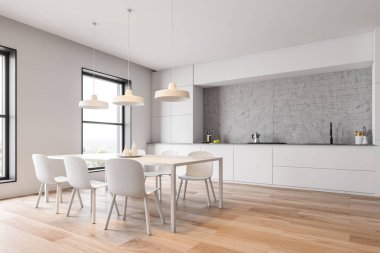 Beyaz mutfak köşe mutfak tezgahı ve tablo ile