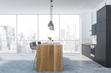 Bar ile beyaz mermer mutfak yan görünümü