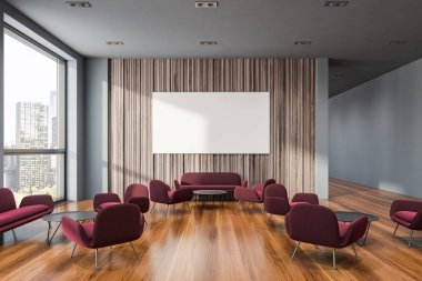 Poster ile ahşap ve gri ofis bekleme odası