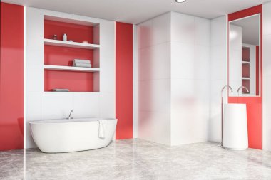 Beyaz ve kırmızı banyo köşesi, küvet ve raflar