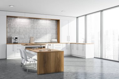 Masa ile panoramik beyaz mutfak köşesi