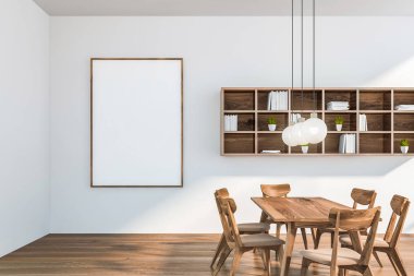 Raflar ve poster ile beyaz yemek odası