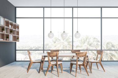 Raf ile gri yemek odasının yan görünümü