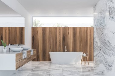 Açık ahşap ve mermer banyo iç