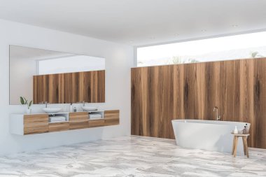 Beyaz ve açık ahşap banyo köşesi