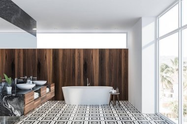 Siyah mermer ve ahşap banyo iç