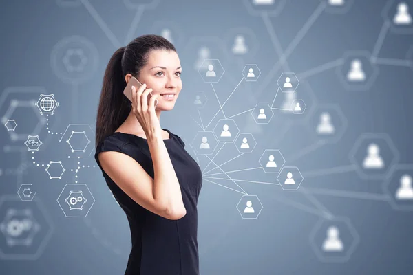 Smiling business woman on phone, social connection — Stock Photo, Image