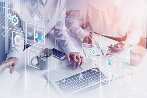 Businesswomen with gadgets, digital interface — Stock Photo, Image