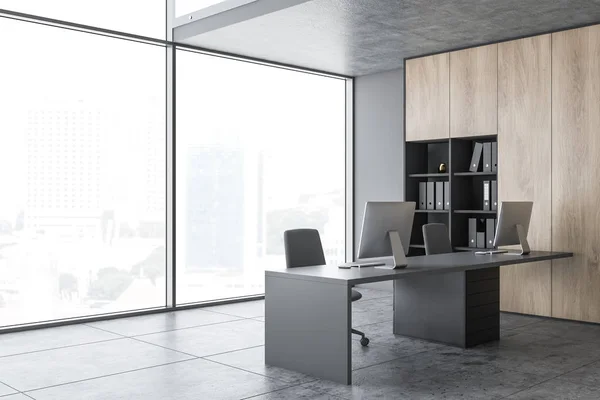 Panoramic wooden and gray office corner — Stock Photo, Image