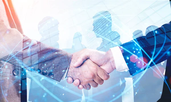 Handshake in city, global network — Stock Photo, Image