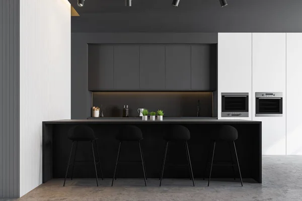 Cozinha cinza e branca, balcões e bar — Fotografia de Stock