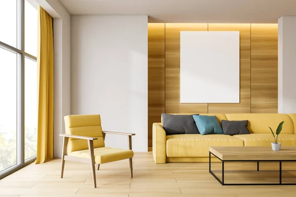 Sala de estar em madeira e branco com cartaz — Fotografia de Stock