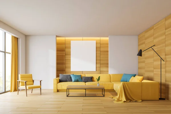 Salón interior de madera y blanco con póster — Foto de Stock