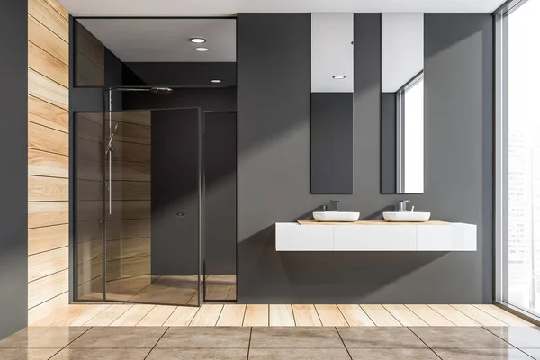 Cuarto de baño, lavabos y ducha de madera y gris oscuro — Foto de Stock