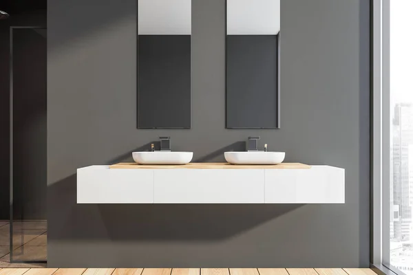 Doppio lavabo e doccia in bagno grigio — Foto Stock