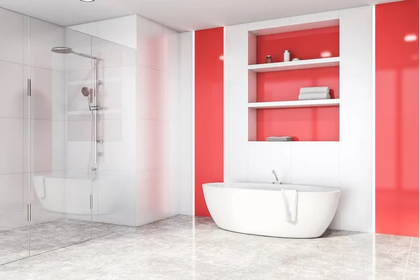 Rincón del baño blanco y rojo, bañera y ducha —  Fotos de Stock