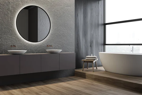 Concrete bathroom corner, double sink and tub — Stock Image Concrete bathroom corner, double sink and tub Royalty Free Stock Photos