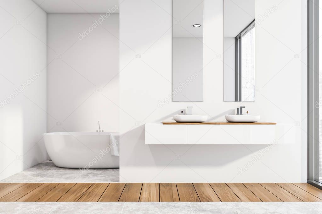 Wooden floor bathroom interior, tub and sinks