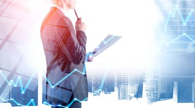 Şehirde belgeleri ile Pensive adam, grafik